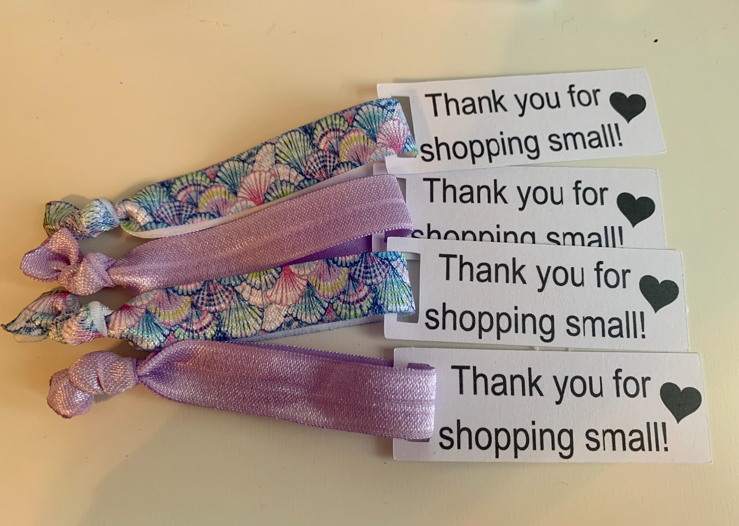 Seashell/Lavender Hair Ties with Mini Thank You