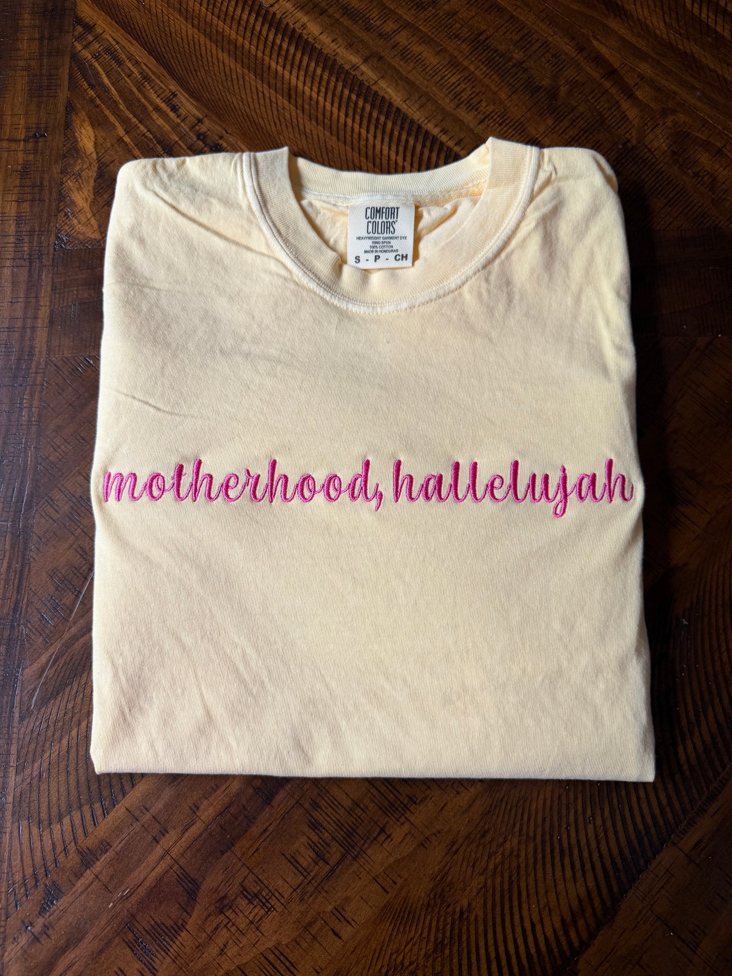 Motherhood, Hallelujah Cursive Embroidered Tee