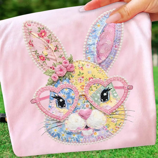 Faux Patchwork Pearl Bunny DTF -- NOT REAL EMBROIDERY. THESE ARE A PRINT